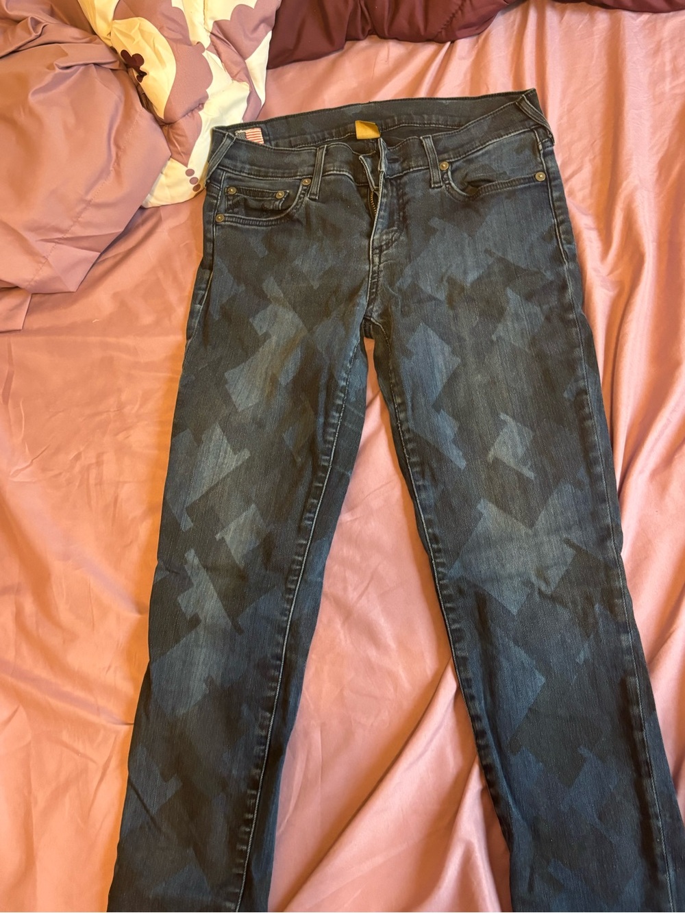 True Religion Straight Leg Jeans in Dark Blue Geometric Wash